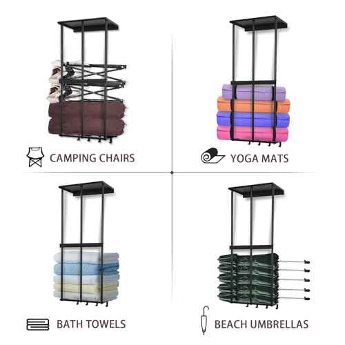 Camping Chair Rack for Garage Storage, Metal Camping Chair Storage Wall Mount Beach Chair Umbrella Storage Holder with 4 Hooks for Garage Organizer