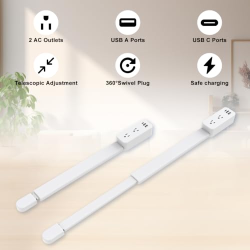 White Adjustable Rotating Outlet Extender with USB-C & USB-A - 22-34 Inches