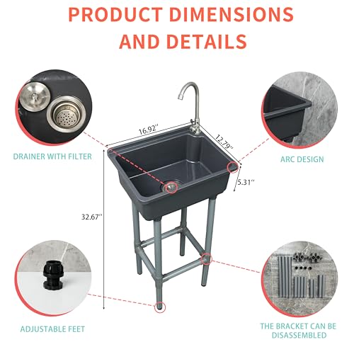 Gray Freestanding Single Bowl Utility Sink with Faucet Hole - Kitchen Laundry Tub