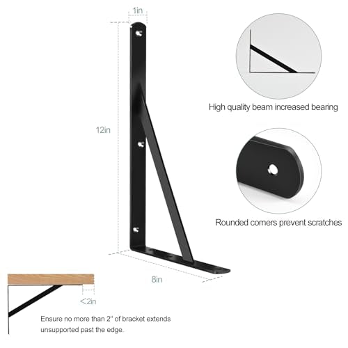 MHMYDZ 12 Pack Heavy Duty Black Shelf Brackets 12 x 8 Inches with Screws