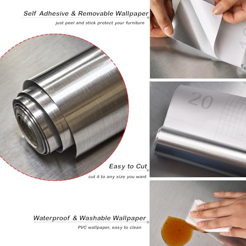 Cohoo Home Silver Stainless Steel Contact Paper Peel & Stick 17.7"x78.7" (1.48ftx6.56ft) - Self-Adhesive Metallic Wallpaper
