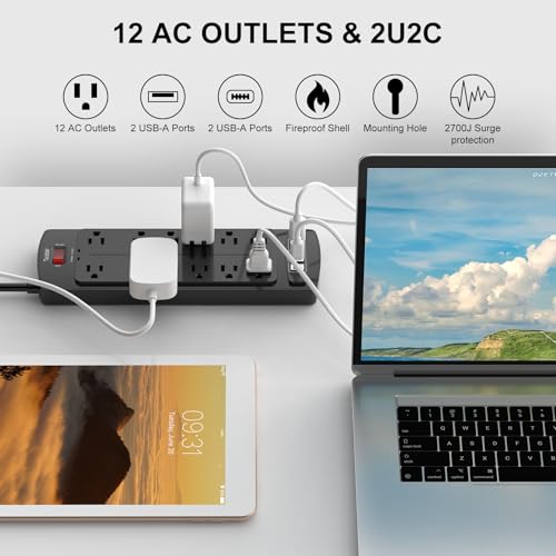 Teiobar 6 Ft Surge Protector Power Strip with 12 Outlets & 4 USB Ports - Black, 2700 Joules