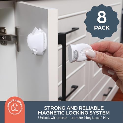 Dreambaby Adhesive Mag locks (8-Pack 1 Key) - Child Proofing Cabinet Magnetic Latches - White- Model L859