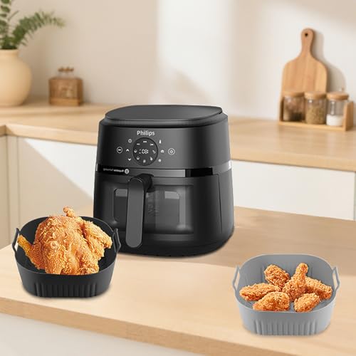 Lyholkeer 2Pcs Silicone Air Fryer Liners 7.8in For 4-4.5QT Grey+Black (With Dual Handles)