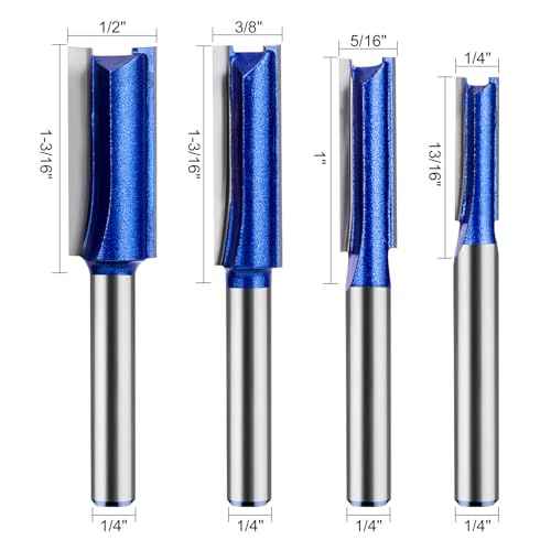Double Flute Straight 1/4 Shank, Flush Trim Router Bit Set, Cutting Diameter Respectively 1/4", 5/16", 3/8", 1/2" for Home DIY and Woodworking