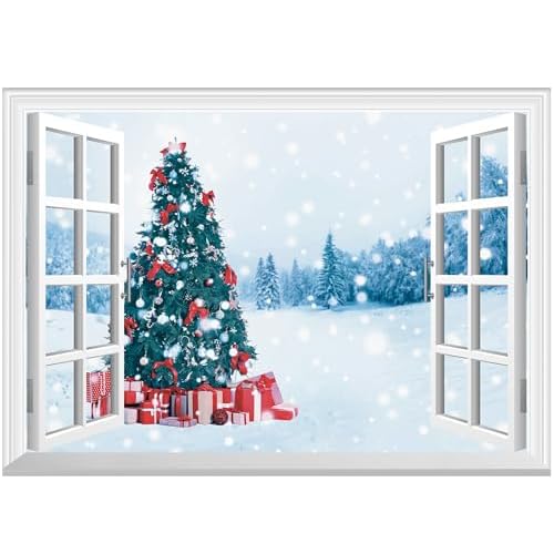 FLFK Fake Window Wall Decal - Christmas Tree Faux Window Wall Mural for Wall Decor, Peel and Stick Wall Sticker,24"x16"