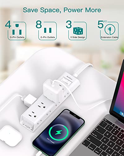Addtam White Ultra Thin Flat Power Strip with 12 Outlets, 5 Ft Extension Cord