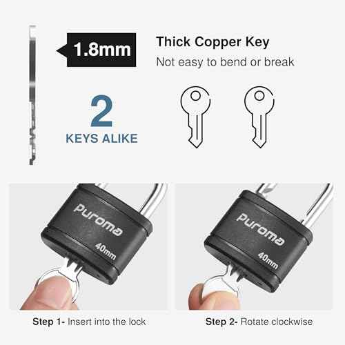 Puroma Keyed Padlock with 2 Keys Alike, 1.8 Inch Locker Lock 40mm Heavy-Duty Locks for Gate Fence Hasp Cabinet Toolbox School Gym Locker (Black)