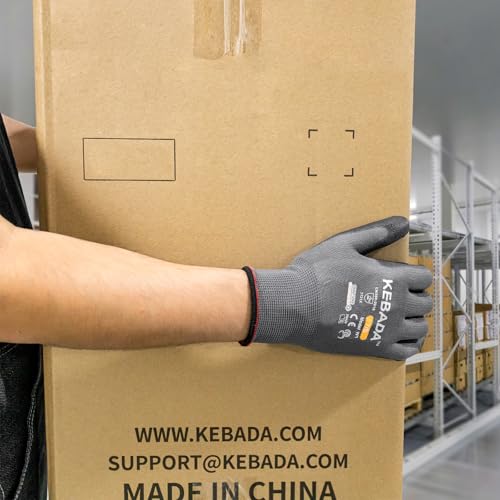Kebada W1 Safety Work Gloves 12 Pairs - Touchscreen, PU Coated, Large Light Grey