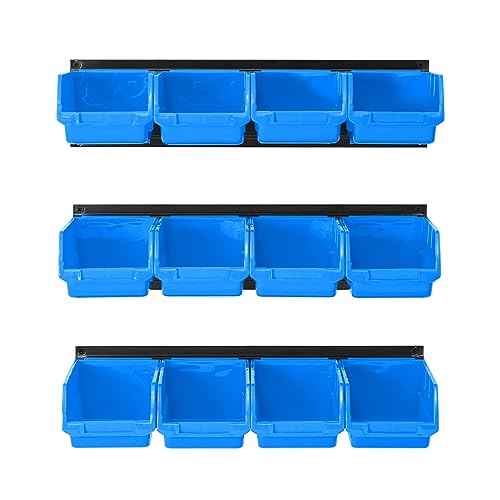 Ultrawall Wall Mounted Storage Bins, Plastic Hanging Storage Organizer Bins, Garage Tool Storage System for Screws, Nuts, Bolts, Nails, and Small Hardware Parts, 12x bins & 3 x rails, Blue