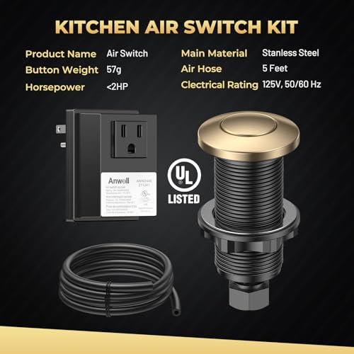 ANWOLL UL Listed Wireless Garbage Disposal Air Switch Kit Champagne Bronze 3.6" Long Button