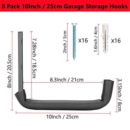 8 Pack Garage Storage Hooks,10 Inch Heavy Duty Ladder Storage Hanger, Wall Mounted Utility Rack