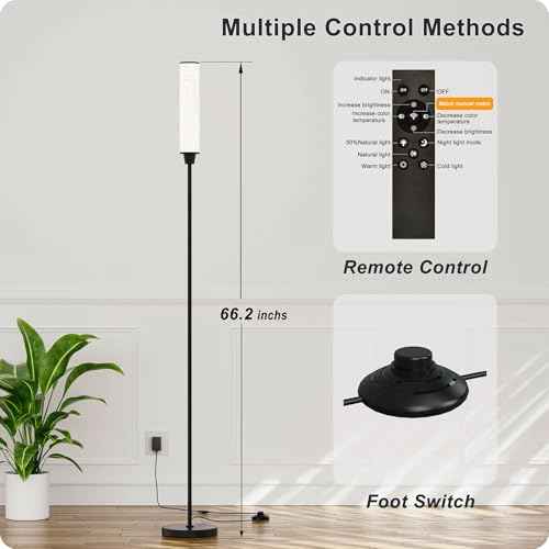 Floor Lamp with Remote Control, Floor Lamps for Living Room/Bedroom/Office, Stepless Adjustable 3000K-6000K Colors and 10-100% Brightness,Standing Light with Foot Switch (Black+Beige Linen)