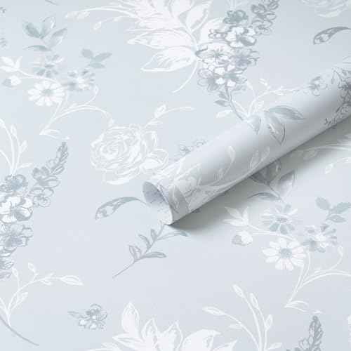 Heroad Blue Peel and Stick Wallpaper French Floral Contact Paper for Cabinet Drawers Vintage Self Adhesive Removable Wall Paper for Bedroom Bathroom Stick on Walls Decor Vinyl Roll 17.3''x78.7''