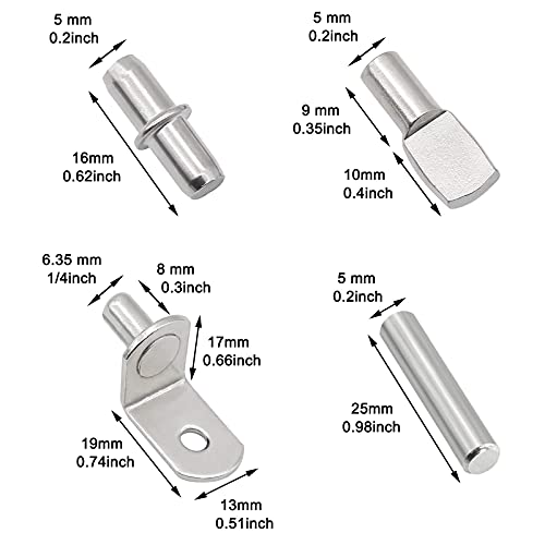 Cerpourt 104Pcs Nickel Plated Shelf Pins Kit - 4 Styles, Support Pegs for Cabinets & Shelves, 5mm & 1/4 Inch