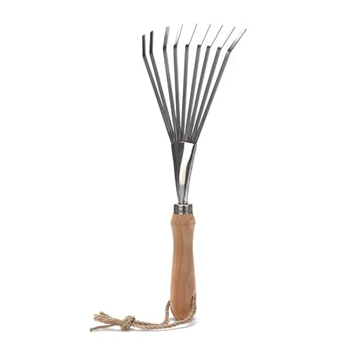 9 Tines Fan Lawn Leaf Hand Rakes Stainless Steel Beech Handle Soil Tille Garden Shrub Rake Small Leaf Rakes for Sweep Leaves & Loose Debris in Garden Lawns Yards 14.5 inch