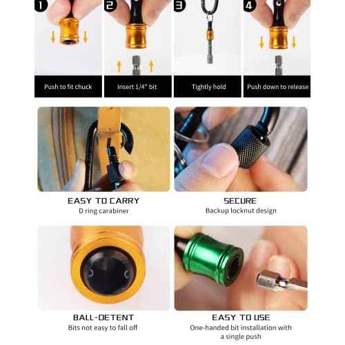 Katerk 1/4 Bit Holder Key Chain Cool Gadgets, Drill Bit Holder for Impact Driver, w/Impact Socket Adapter for Drills, 360¡Æ Rotatable and Hex 1/4" 3/8" 1/2" Drill Socket Adapter for Automotive DIY