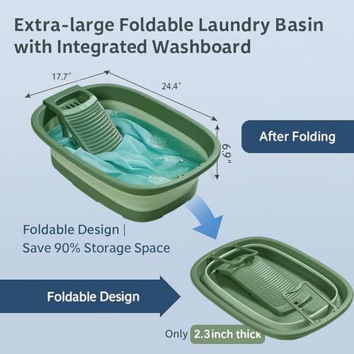 VEMJO 12 Gallon Collapsible Laundry Basin with Removable Washboard, Green, 24.4 Inches