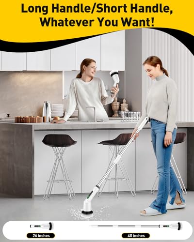 Electric Spin Scrubber for Bathroom with 3 Brush Heads & Long Handle - Cordless Shower Cleaner