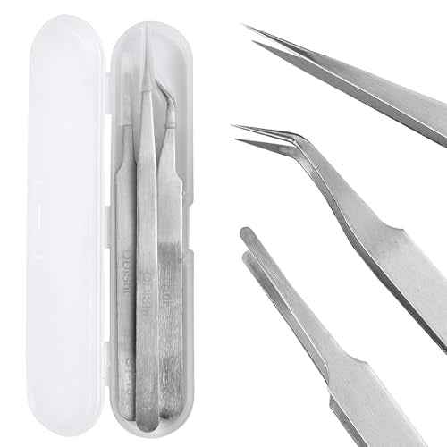 QDiShi Precision Tweezers Set,Upgraded Stainless Steel of Tweezers - Extra Fine,Angled,Blunt Tips for Electronics,Hobby, Industrial,Laboratory Work,Jewelry-Making,Model,Craft£¨3Pcs£©