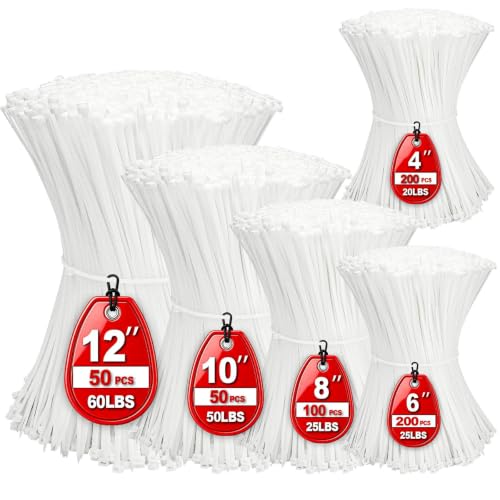 OUPENG 600 Pack Self-Locking Nylon Cable Ties Assorted Sizes 4-12 Inch White