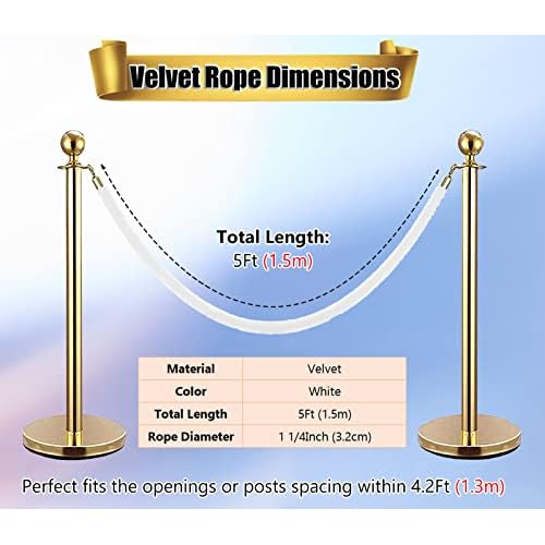 5 Ft Velvet Stanchion Ropes White, 4 Pack Crowd Control Rope Safety Queue Barrier with Gold Hook, VIP Rope for Party Events Decor