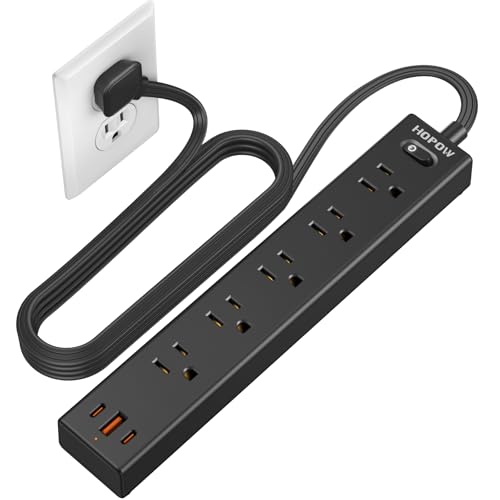 6Ft Surge Protector Power Strip with 1700J, 5AC & 3 USB-C Outlets, Black, Flat Plug Extension Cord