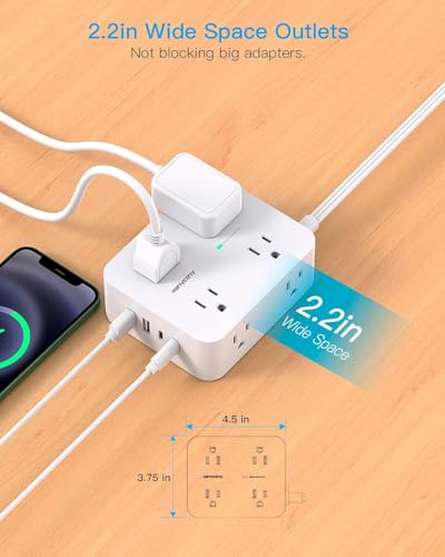 HANYCONY 5Ft Flat Surge Protector Power Strip with 12 Outlets & USB-C Ports