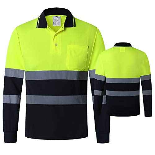 ANSI Class 2 Hi Vis Shirts Yellow Navy Long Sleeve Reflective Polo Shirt Safety Work Shirt for Construction Men and Women