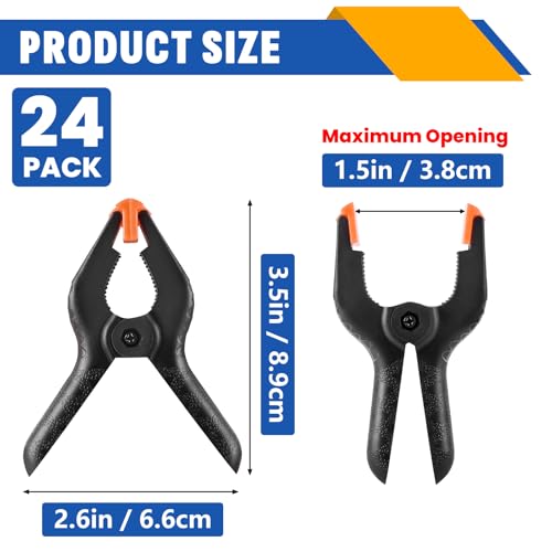 NUITPY 3.5 Inch Plastic Spring Clamps 24 Pack - Durable Backdrop & Woodworking Clips, Flexible Grip, Anti-Slip Handles