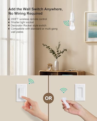 Remote Control Light Bulb Socket with Decorator Rocker Wall Switch - 1 Wall Switch + 1 Socket