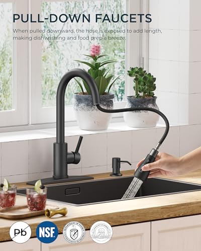 Matte Black Kitchen Faucet with Soap Dispenser & Pull-Down Sprayer - FORIOUS