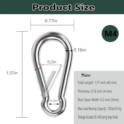 YEAZHEN 60PCS Heavy Duty Galvanized Steel Spring Snap Hooks M4 Carabiner Clips