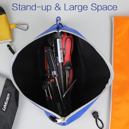 LeMotech Zipper Tool Bag, Stand-Up Tool Pouch with Carabiners,Utility Bag,Water Resistant Storage Bag,Multi-Size Blue/Orange/Grey/Yellow 4 Pack