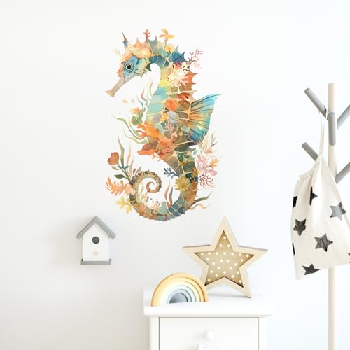 Watercolor Seahorse Corals Seaweed Wall Decal Nursery Sea Animal Wall Sticker Removable Peel and Stick Wall Art Decor for Kid Baby Classroom Preschool Living Room Playroom Bedroom School