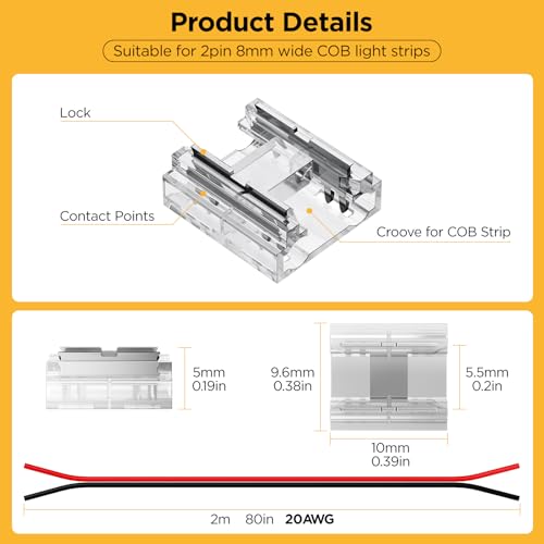 KOMIGAN 20 Pack COB LED Strip Connectors & 6.6FT Extension Wires for Solderless Light Splicing