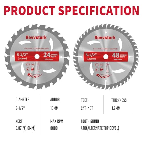 Revvstark 5-1/2 Inch Circular Saw Blade 10mm Arbor 24T & 48T for Wood Cutting