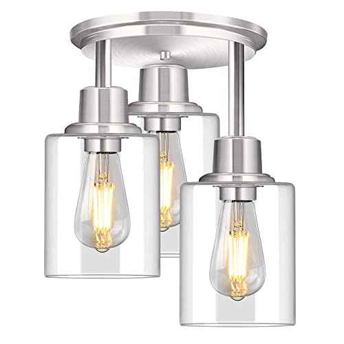 ROTTOGOON Semi Flush Mount Ceiling Light, 3 Light Close to Ceiling Light Fixtures, Brushed Nickel Finish Kitchen Light Fixtures with Clear Glass Shades, Modern Hallway Lights Fixtures Ceiling Mount