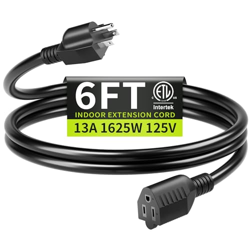 Seeklyze 6FT 16/3 Black Indoor Extension Cord - 16AWG Power Cable, 13A 125V, ETL Listed