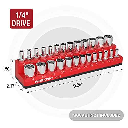 WORKPRO Magnetic Socket Organizer, 1/4-Inch SAE Socket Holder, Trays Hold 26 Standard & Deep Sockets