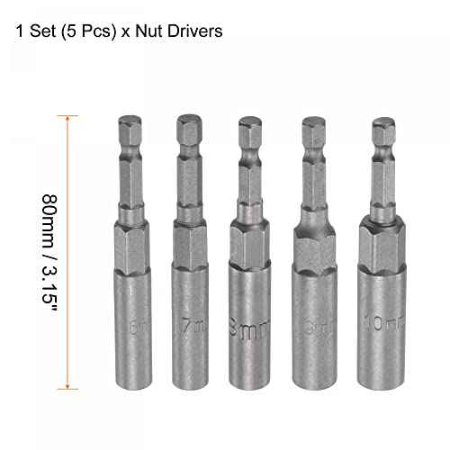 uxcell Quick-Change Nut Driver Bit Set, 1/4" Hex Shank 6mm 7mm 8mm 9mm 10mm Nut Setter Drill Bits, No-magnetic CR-V 3.15" Length