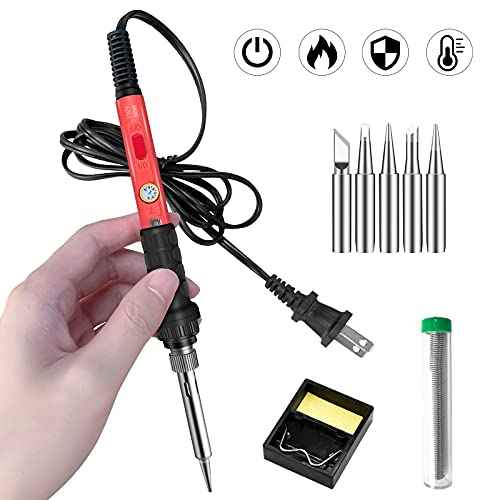 Soldering Kit, 60W Soldering Iron, 110V Welding Kit with Ceramic Heater, Portable Solder Irons with 5pcs Extra Tips, Stand, Solder Tube, Sponge, for Electronic Repair