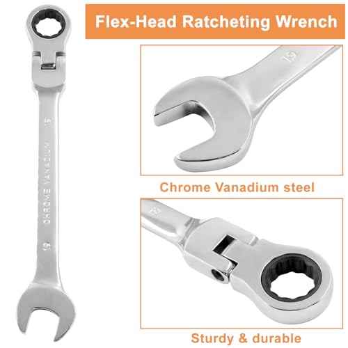 Piutouyar 19mm Flex-Head Ratcheting Wrench, Professional Metric Ratchet Wrench Combination Wrench Box Ended Spanner Tool for Projects Repair(5¡Æ Movement and 72 Teeth 12 Point, CR-V)