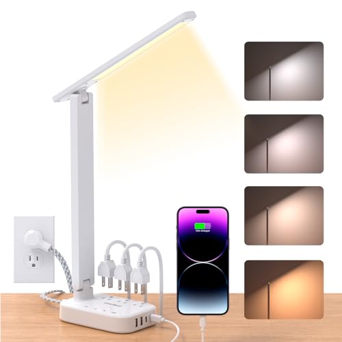 White Small LED Desk Lamp Power Strip with 3 Outlets & 4 USB Ports, 5ft Extension Cord, Touch Dimmable Study Reading Light