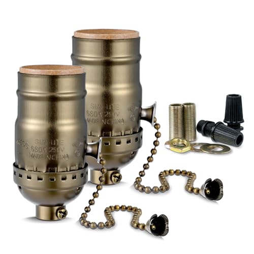 Antique Brass E26 Pull Chain Light Socket Replacement - UL Listed, 2 Pack