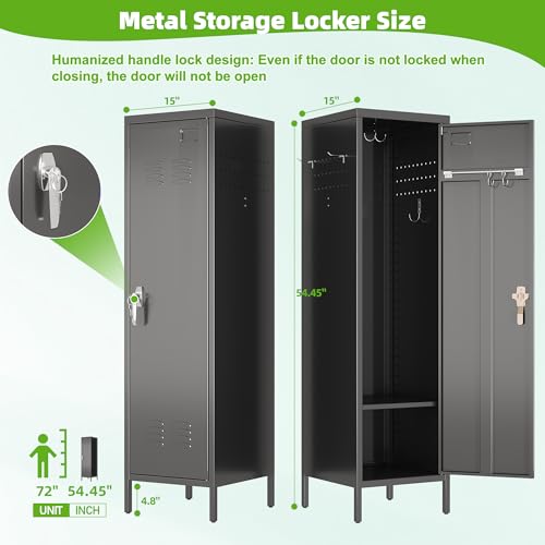 54-Inch Lockable Metal Storage Lockers with Adjustable Shelf & Hooks for Home, Office, School — Black