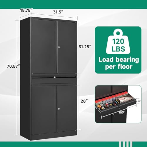 Letaya Metal Garage Storage Cabinet with Locking Drawers, 2 Adjustable Shelves, 16 x 32 x 71 in, Black