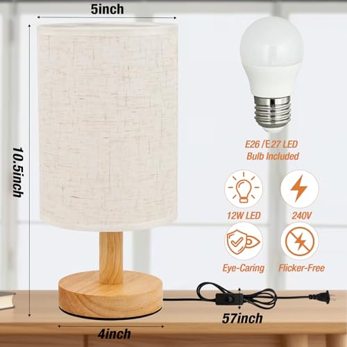 EZIYIN Flax White Bedside Table Lamp with Wooden Base & LED Bulb - Small Nightstand Light for Bedroom & Office