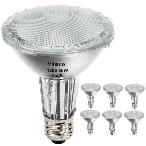 Vinaco PAR30 Long Neck 60W, 6 Pack Long Lasting PAR30 Halogen Flood Light Warm White 2800K, PAR30 Dimmable, High Output Flood Light Bulb 120V with E26 Base for Indoor/Outdoor