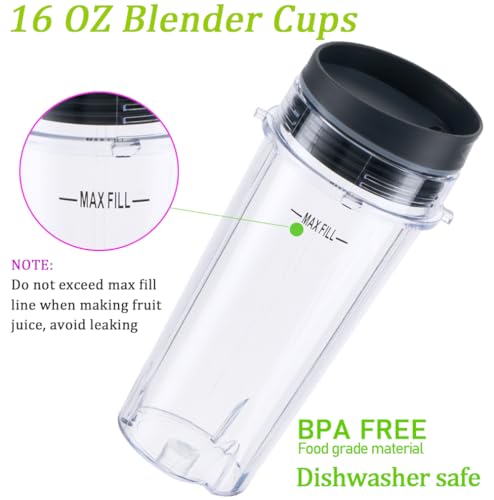 ABTER 2-Pack 16oz Ninja Blender Cup Replacement with Lids for BL770/BL780/BL660/BL740/BL810